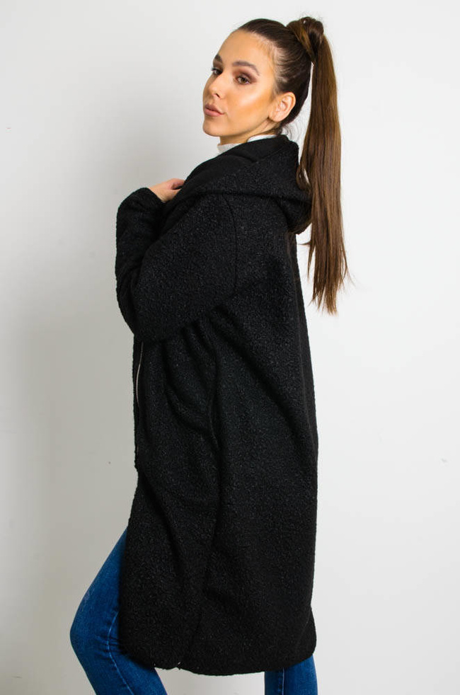 CZARNY MELANŻOWY PŁASZCZ Z WYCIĘCIEM 