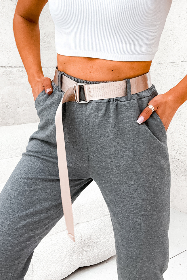 SZARE SPODNIE Z KIESZENIAMI I ZŁOTYM PASKIEM