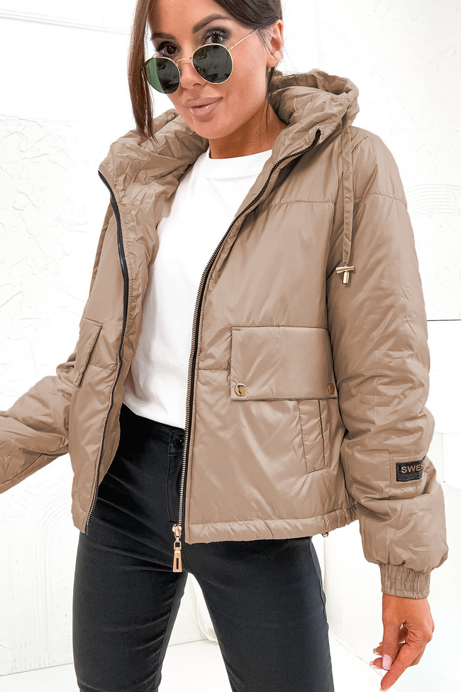 KURTKA ASYMETRYCZNA ZE ZŁOTYMI ELEMENTAMI- CIEMNO BEŻOWA