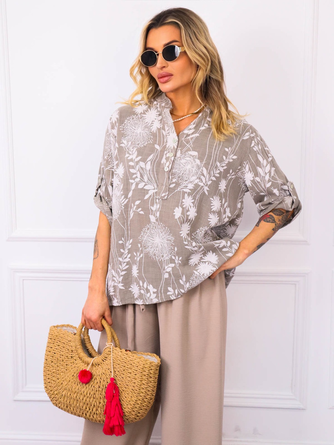 BLUZKA KOSZULOWA W KWIECISTE WZORY- SZARA