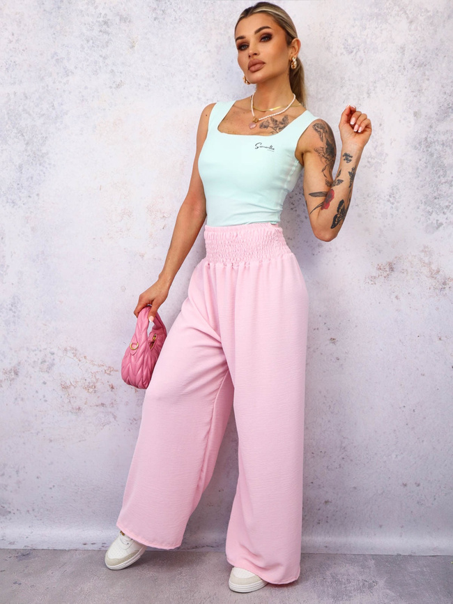 SPODNIE MATERIAŁOWE Z SZEROKIMI NOGAWKAMI I GUMĄ W PASIE- PUDROWY RÓŻ