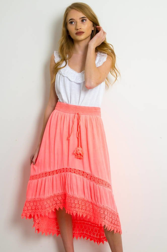 SPÓDNICA MIDI Z GUMĄ W PASIE ORAZ AŻUROWYM WYKOŃCZENIEM-NEONOWY RÓŻ