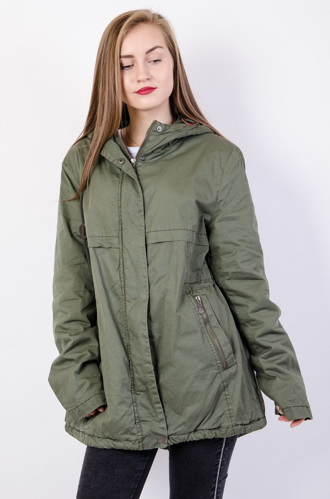 Zielona, asymetryczna kurtka parka