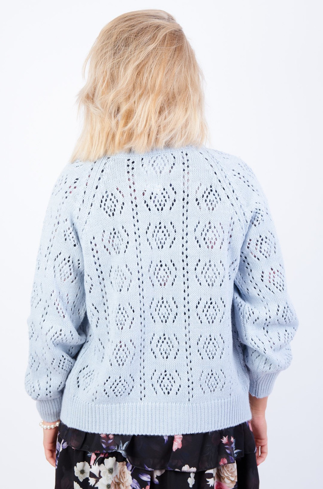 JASNO-NIEBIESKI AŻUROWY SWETER ZAPINANY NA GUZIKI 