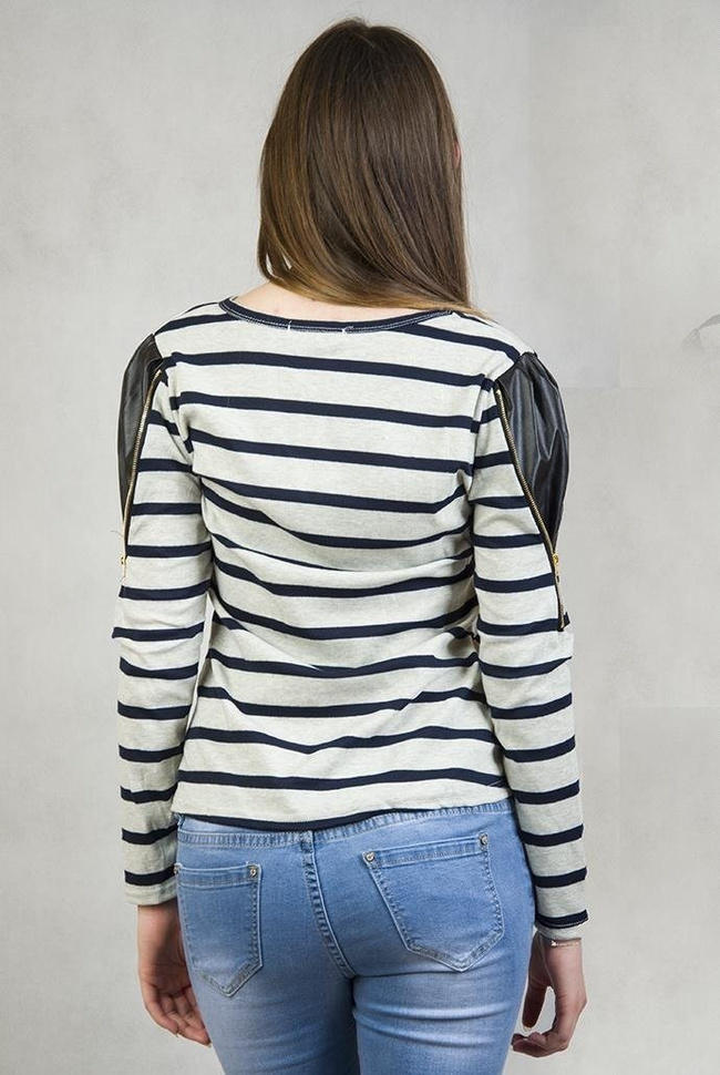 Szaro-granatowa bluzka w paski z czarnym serduszkiem w cekiny