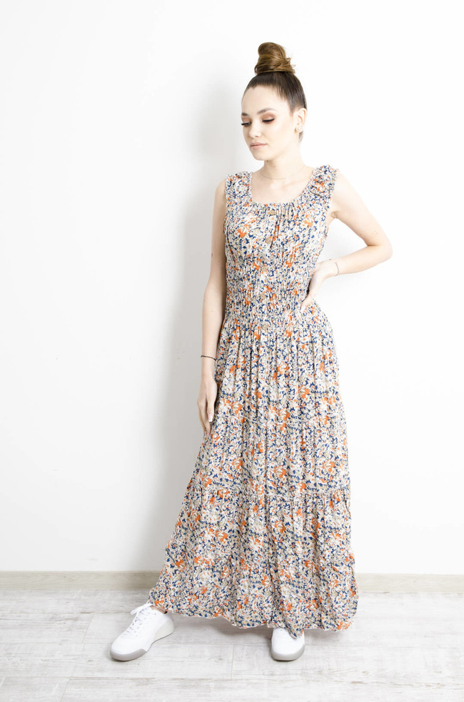 SUKIENKA MAXI W KWIATY Z GUMĄ W PASIE - POMARAŃCZOWA