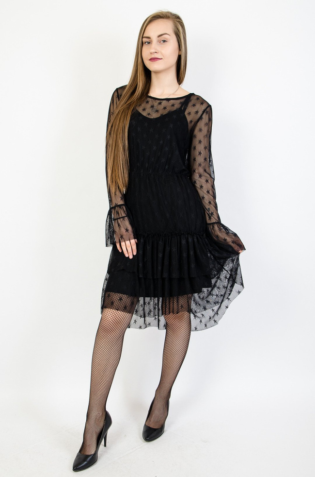 Czarna siateczkowa sukienka w gwiazdki