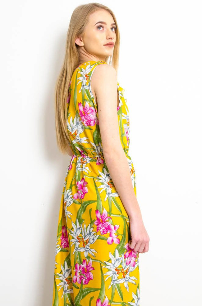 ŻÓŁTA SUKIENKA MAXI W KWIATY Z FALBANKĄ W DEKOLCIE