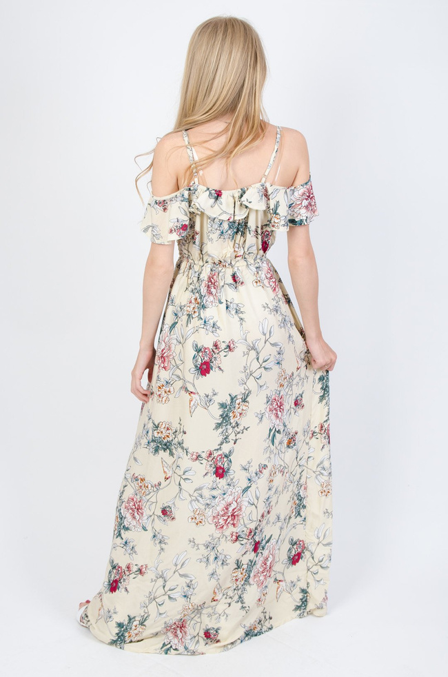 Długa kremowa sukienka w kwiaty z hiszpańskim dekoltem 