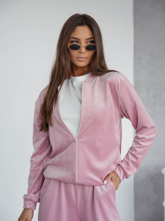 KOMPLET DRESOWY WELUROWY BLUZA ZAPINANA NA ZAMEK+ SPODNIE- PUDROWY