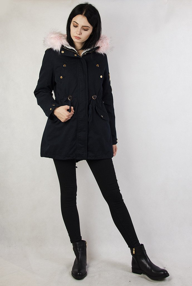 Granatowa kurtka parka z różowym futerkiem