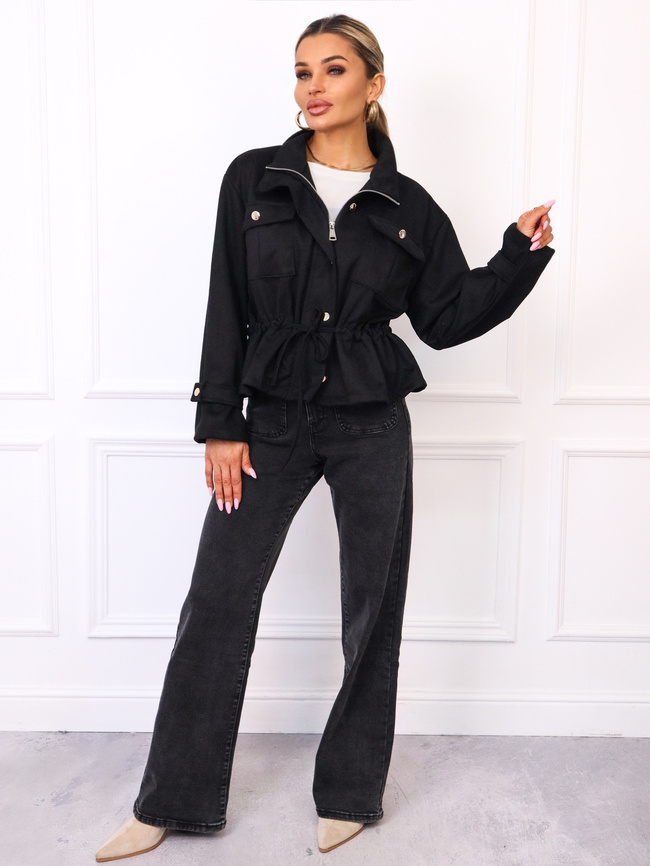 KURTKA Z IMITACJI ZAMSZU WIĄZANA W PASIE- CZARNA