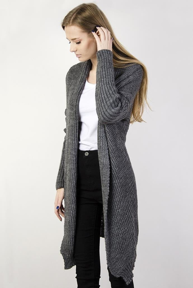 Ciemnoszary sweter kardigan z wywijanym kołnierzem