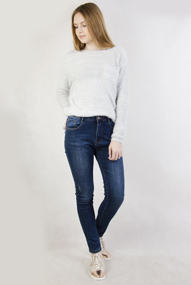 ( Rozmiary L-4 XL ) Spodnie jeansowe z wysokim stanem oraz delikatnymi przetarciami