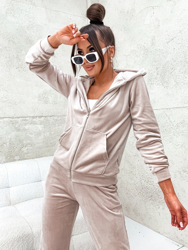 WELUROWY KOMPLET BLUZA ROZPINANA+ SPODNIE Z SZEROKIMI NOGAWKAMI- BEŻOWY