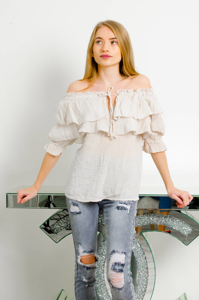 BEŻOWA MUŚLINOWA BLUZKA HISZPANKA