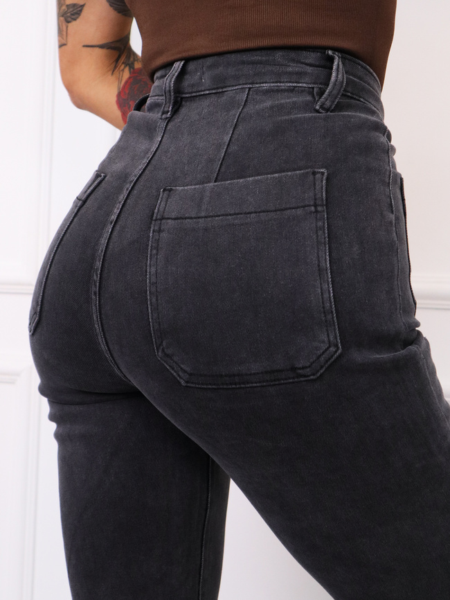 SPODNIE JEANSOWE DZWONY FLARE Z KIESZENIAMI Z PRZODU- CIEMNOSZARE