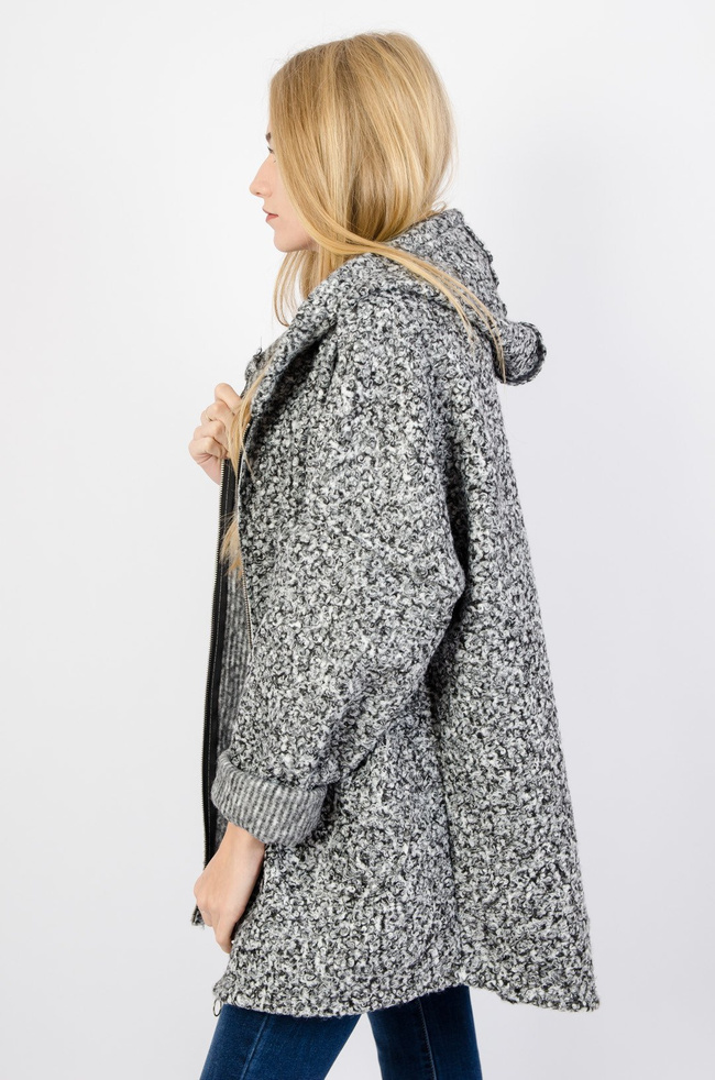 Ciemnoszary przejściowy płaszcz z asymetrycznym dołem