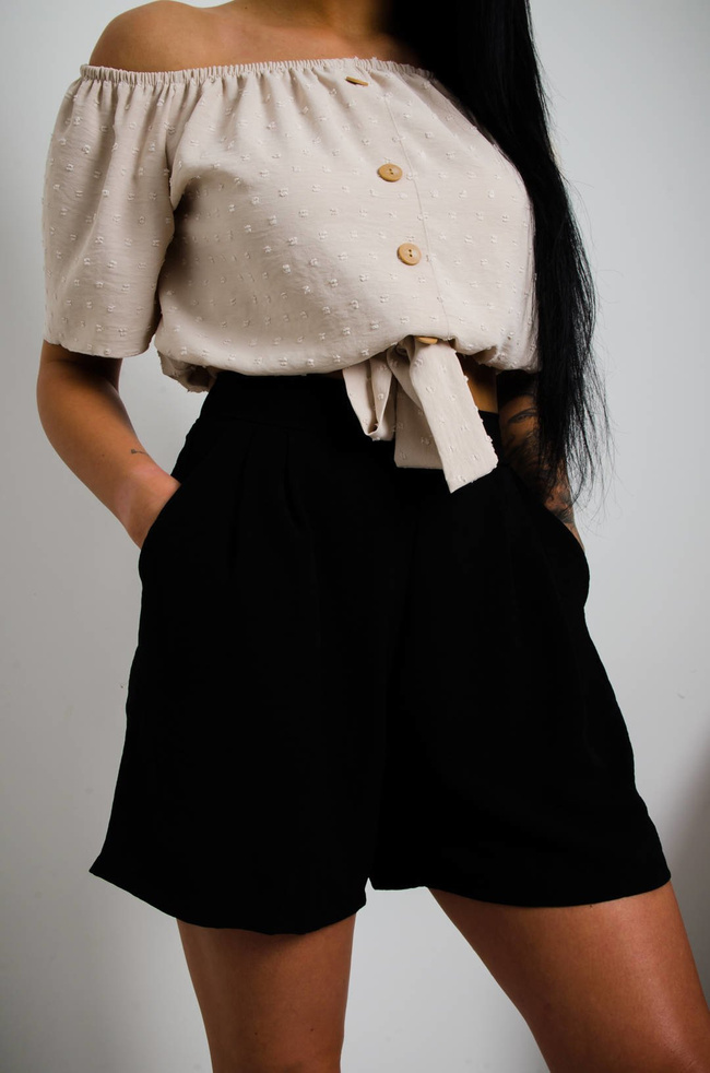 MUŚLINOWE SZORTY PAPERBAG Z WYSOKIM STANEM - CZARNE