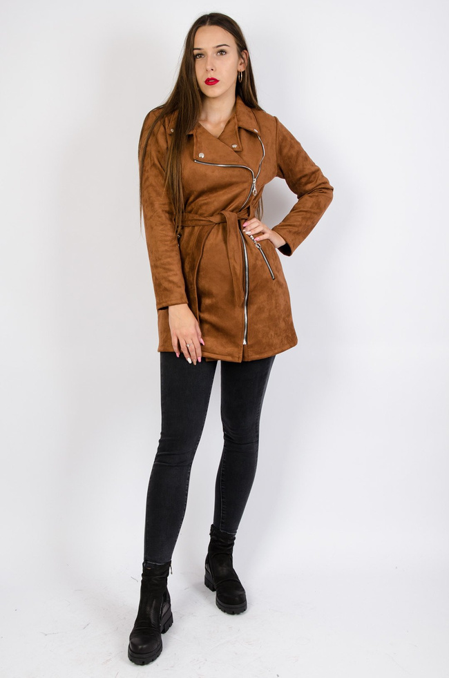 Brązowy płaszcz z imitacji zamszu