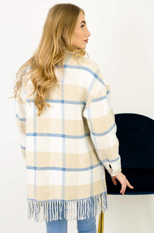 BEŻOWO-NEBIESKO-BIAŁY PŁASZCZ W KRATĘ Z FRĘDZLAMI 