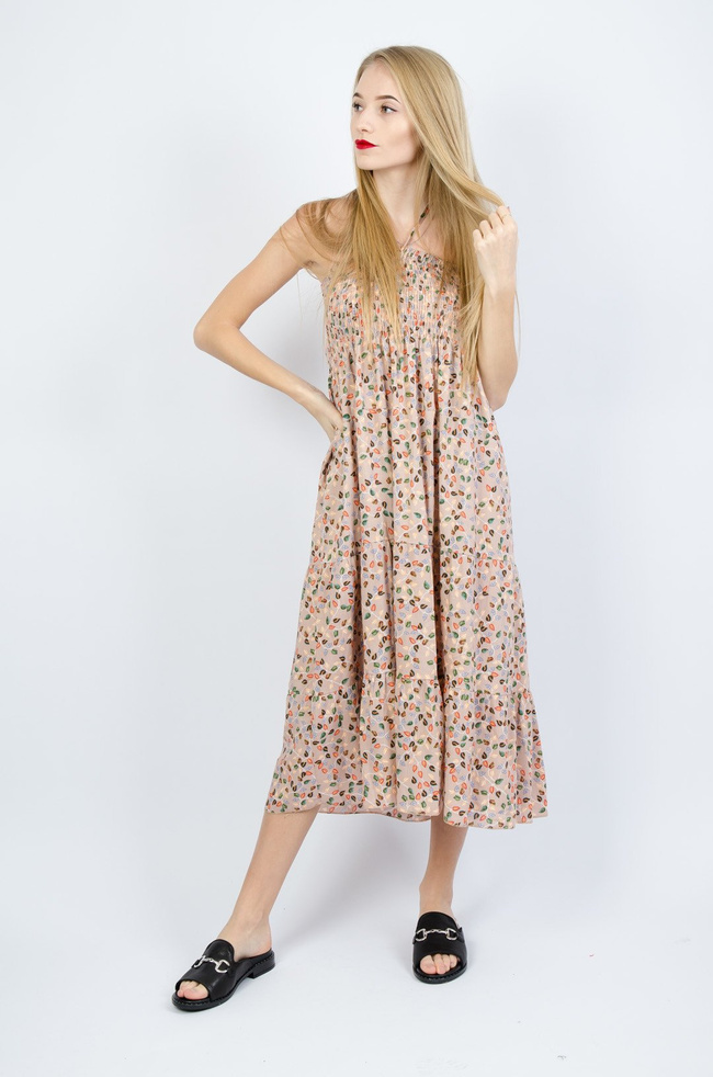 BEŻOWA SUKIENKA BEZ RĘKAWÓW WIĄZANA NA SZYI