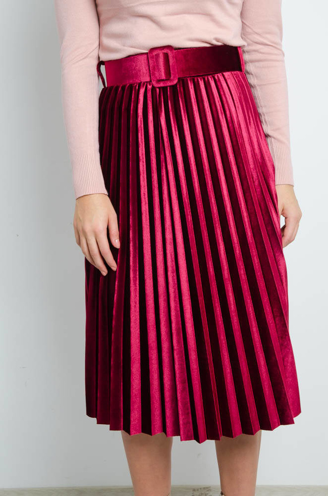 BORDOWA WELUROWA PLISOWANA SPÓDNICA Z PASKIEM-MIDI