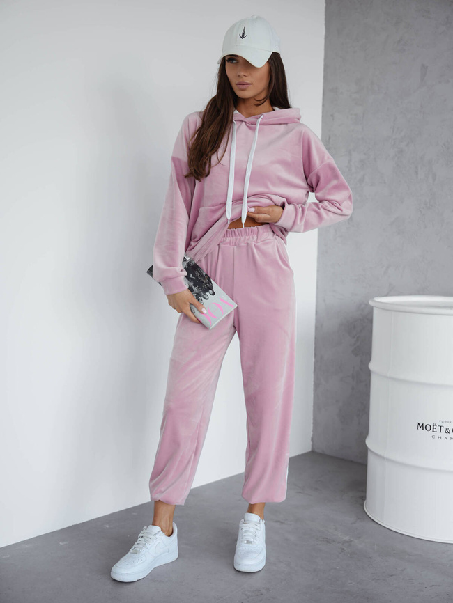 KOMPLET WELUROWY BLUZA+ SPODNIE Z KONTRASTOWYMI LAMPASAMI- PUDROWY