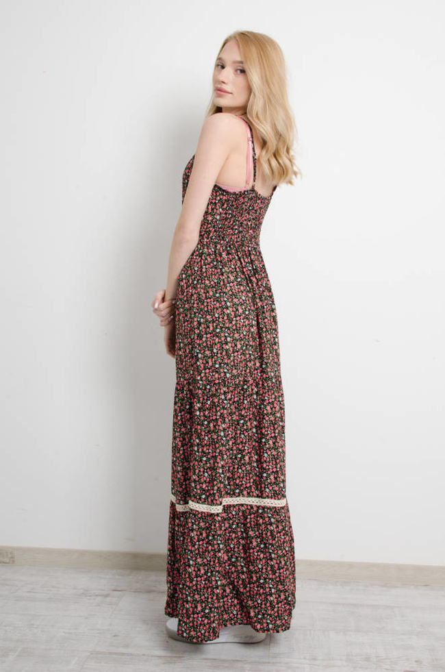 SUKIENKA W KWIATY NA CIENKICH RAMIĄCZKACH MAXI - CZARNA