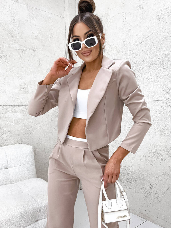 KOMPLET KRÓTKA MARYNARKA+ SPODNIE Z SZEROKĄ NOGAWKĄ- BEŻOWY