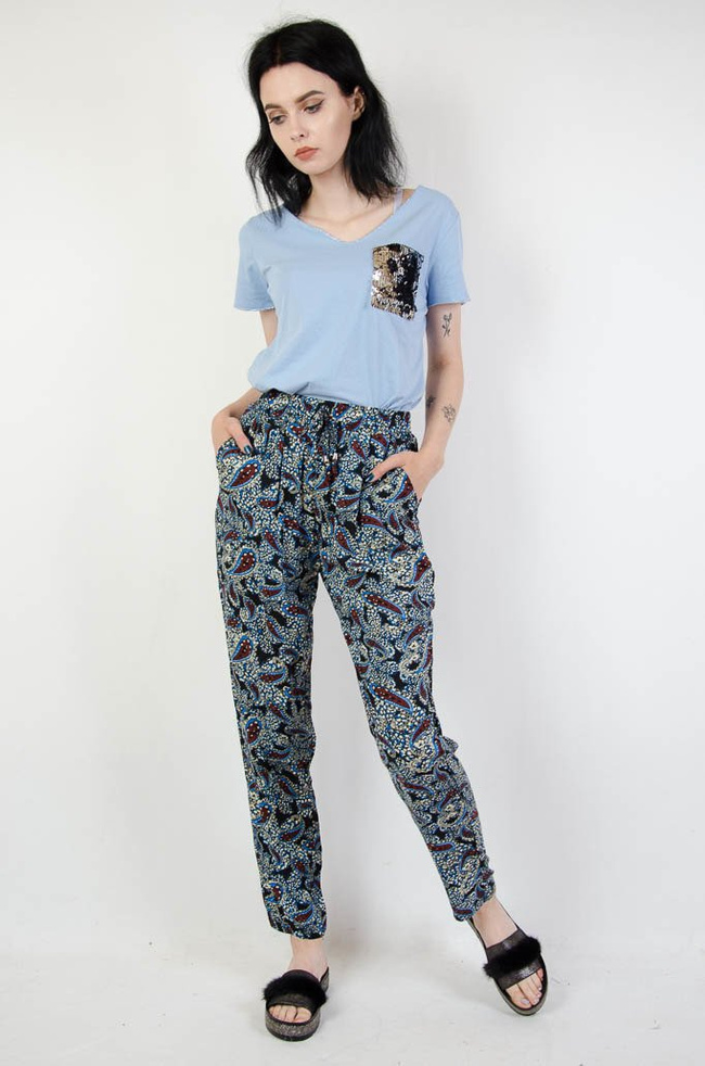 Długie spodnie alladynki w niebieskie wzory