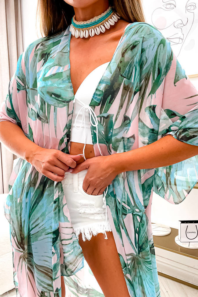 PLAŻOWE PONCZO Z MOTYWEM LIŚCI- RÓŻOWE