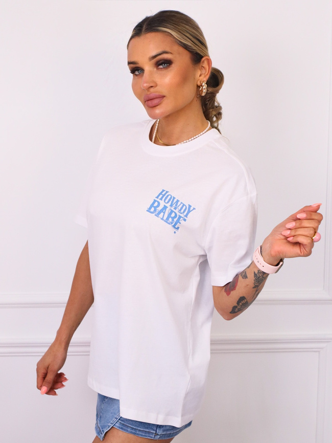 T-SHIRT Z NIEBIESKIM NAPISEM Z PRZODU I NA PLECACH- BIAŁY