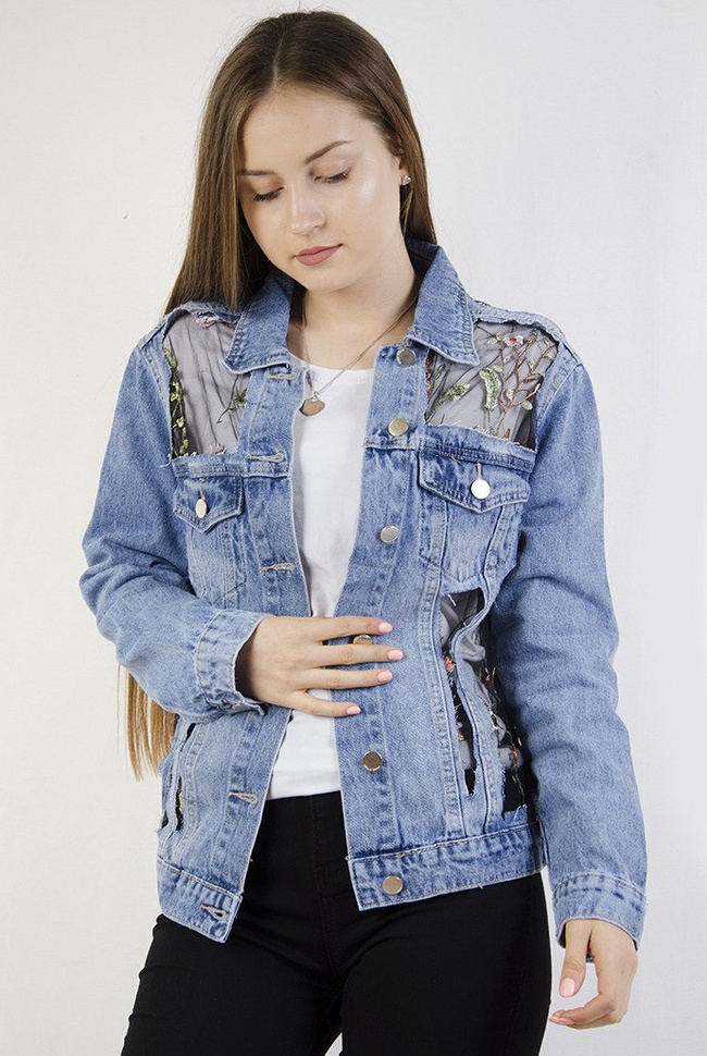 Kurtka jeansowa z haftami i elementami prześwitującymi