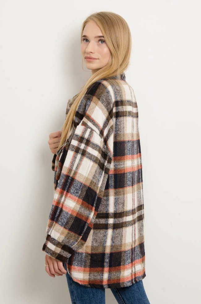 KURTKA KOSZULOWA W KRATĘ - BRĄZOWA