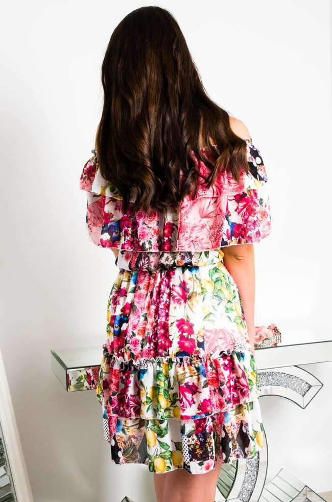 BIAŁA SUKIENKA HISZPANKA W KWIATOWO-OWOCOWY MOTYW