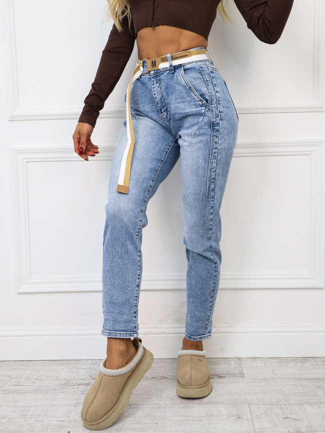SPODNIE JEANSOWE MOM FIT Z PRZECZYCIEM I PRZETARCIAMI+ PASEK