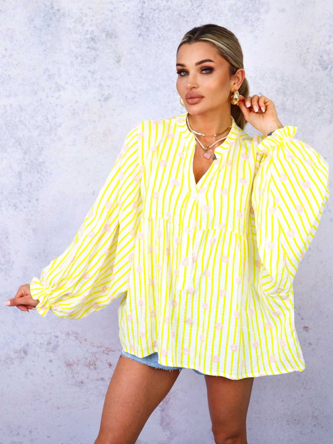 BLUZKA KOSZULOWA OVERSIZE W PASKI I KWIATY- ŻÓŁTA