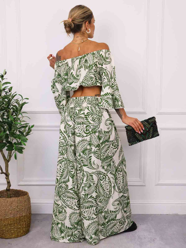 KOMPLET WZORZYSTY TOP+ SPODNIE- ZIELONY