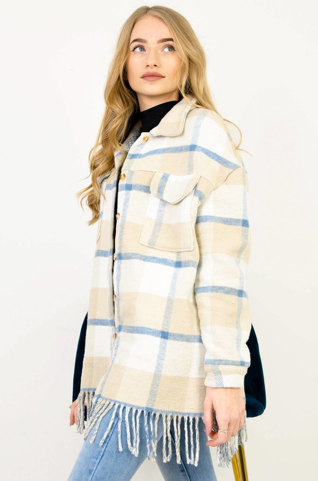 BEŻOWO-NEBIESKO-BIAŁY PŁASZCZ W KRATĘ Z FRĘDZLAMI