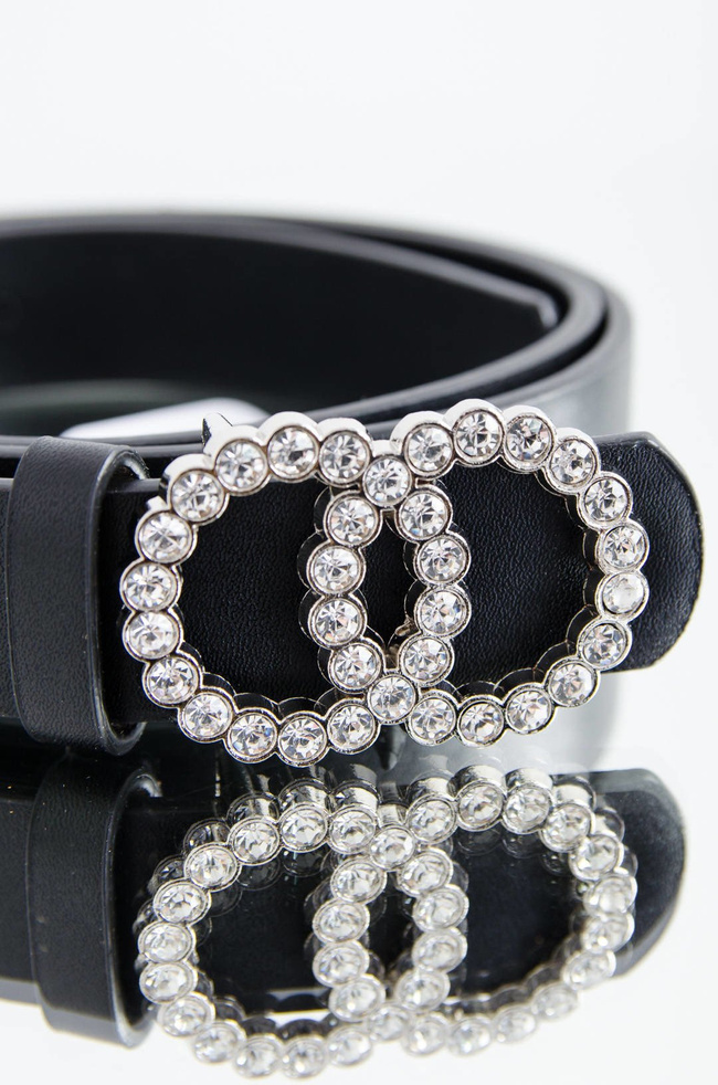 DAMSKI CZARNY PASEK Z PODWÓJNĄ KLAMRĄ CYRKONIE 