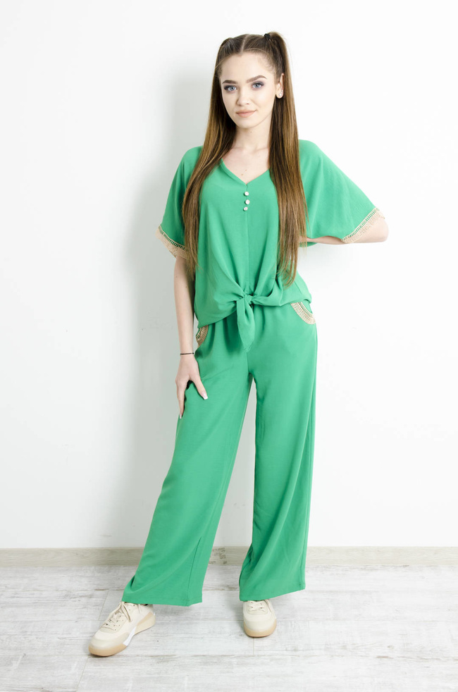 KOMPLET ZIELONY Z OZDOBNYM WIĄZANIEM I KORONKĄ