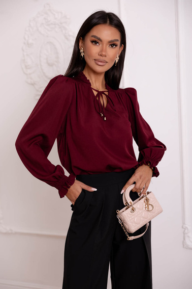 BLUZKA Z FALBANKĄ POD SZYJĄ I NA RĘKAWACH- BORDOWA
