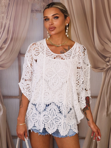 AŻUROWA BLUZKA NIETOPERZ W KWIATY Z TOPEM- BIAŁA