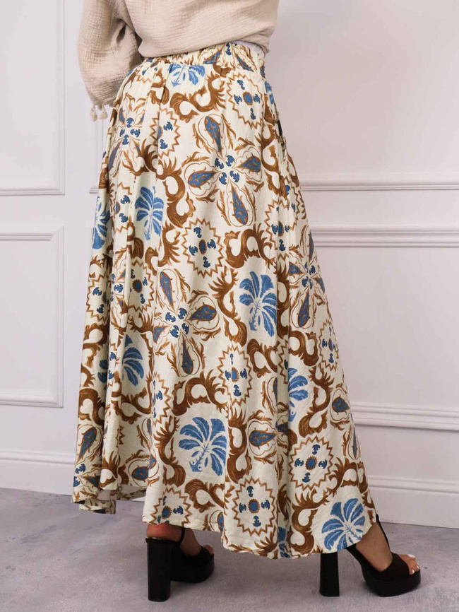 SPÓDNICA MAXI WZORZYSTA Z GUMĄ W PASIE- BRĄZOWA