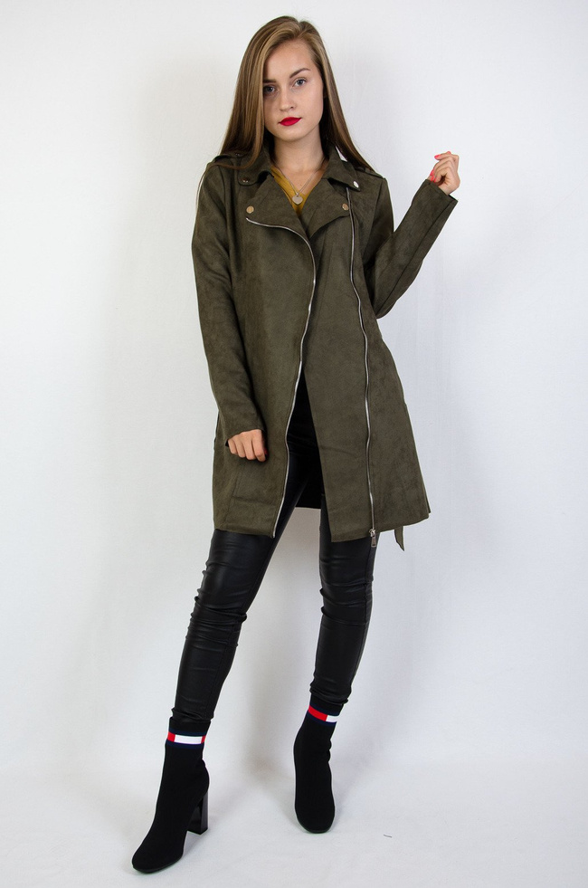 Zielony zamszowy płaszcz zapinany na zamek