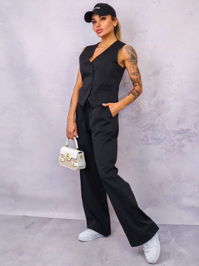 KOMPLET KAMIZELKA+ SPODNIE Z SZEROKIMI NOGAWKAMI- CZARNY