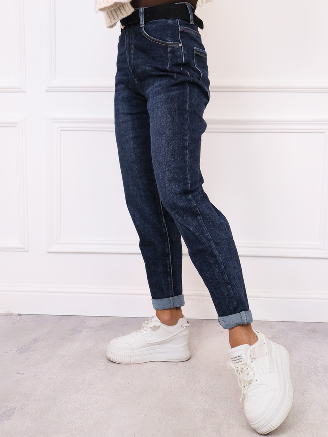 SPODNIE JEANSOWE PLUS SIZE MOM FIT Z PRZESZYCIAMI PRZY KIESZENIACH+ PASEK