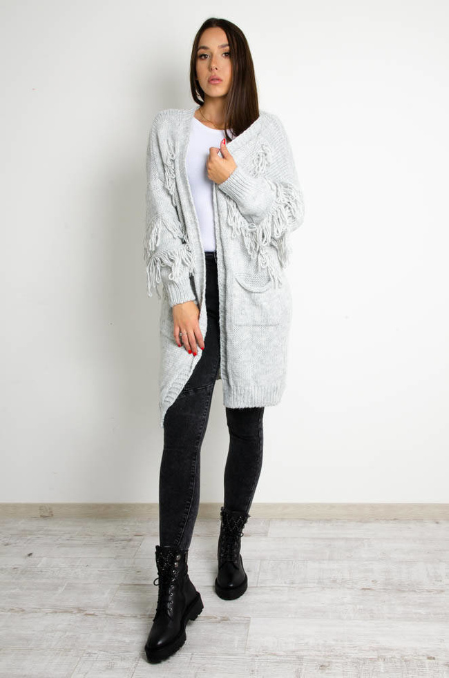 SZARY SWETER KARDIGAN Z FRĘDZLAMI