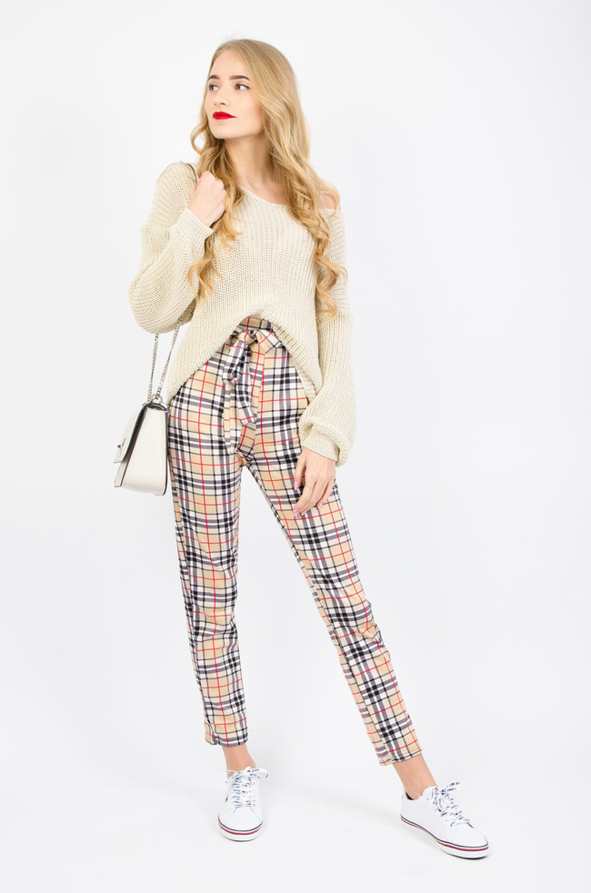 BEŻOWE SPODNIE W KRATĘ- WIĄZANE W PASIE